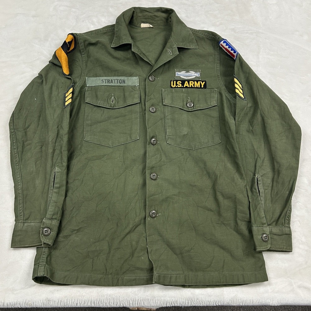 US Army OG-107 Utility Shirt Mens 15.5x33 Green Cotton Sateen Vintage Patches